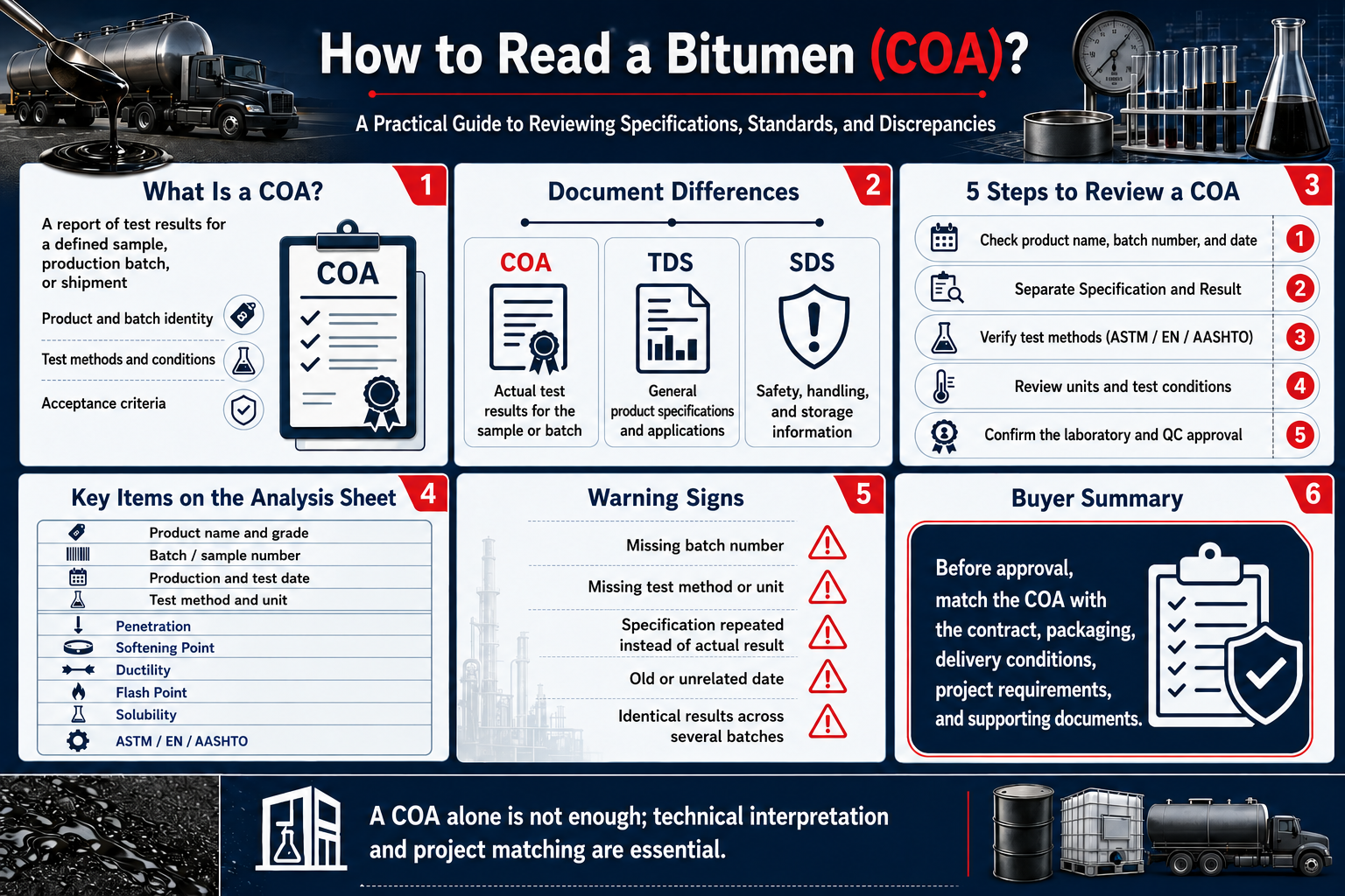 Infographic explaining how to read a bitumen Certificate of Analysis, including COA, TDS and SDS differences, batch verification, test methods, units, actual results and warning signs