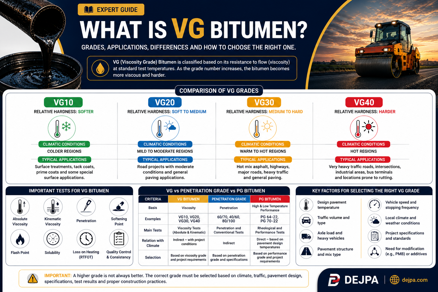 Infographic comparing VG10, VG20, VG30 and VG40 Bitumen grades, applications, tests and selection factors